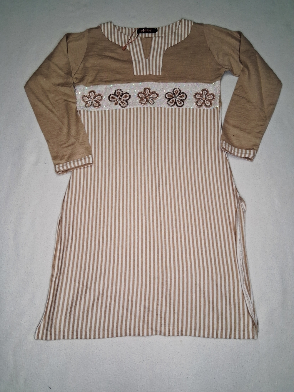 Girls' Tan & White Striped Casual Dress with Floral Trim